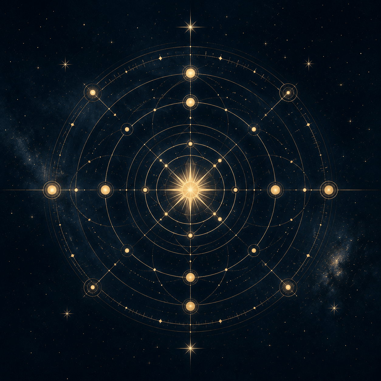 A gold celestial wheel drawn across a deep blue star field